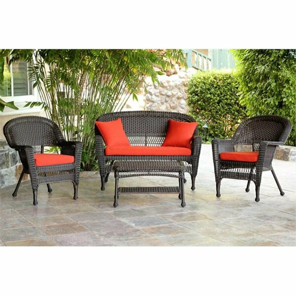 Jeco 4 Piece Espresso Wicker Conversation Set - Red Orange Cushions W00201-G-FS018